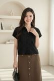  Áo sơ mi nữ tay liền xếp ly vai có túi ngực vải thô chun 