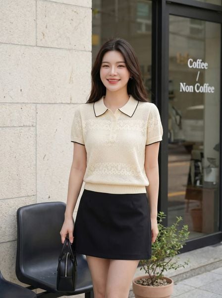  Áo sợi cotton tay cộc cổ sen phối viền bo gấu 