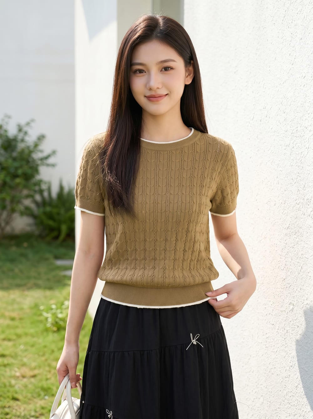 Áo sợi cotton tay cộc cổ tròn viền gấu