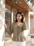  Áo kiểu dài tay ren dọc thân bèo gấu 