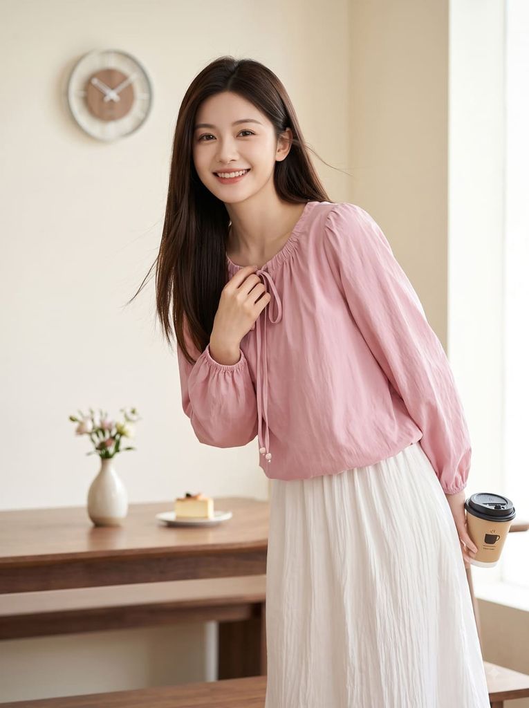  Áo kiểu cổ nhún buộc dây dài tay 