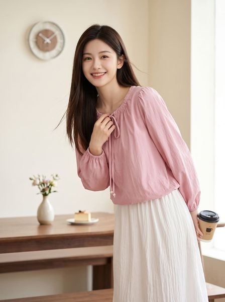  Áo kiểu cổ nhún buộc dây dài tay 