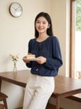  Áo kiểu cổ nhún buộc dây dài tay 