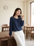  Áo kiểu cổ nhún buộc dây dài tay 