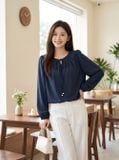  Áo kiểu cổ nhún buộc dây dài tay 