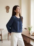  Áo kiểu cổ nhún buộc dây dài tay 