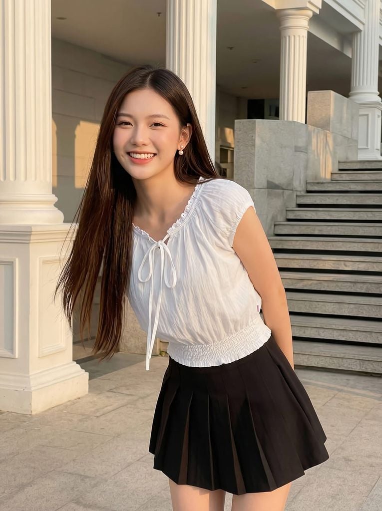  Áo thô gió croptop vai chờm bo gấu tôn eo 