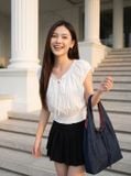  Áo thô gió croptop vai chờm bo gấu tôn eo 