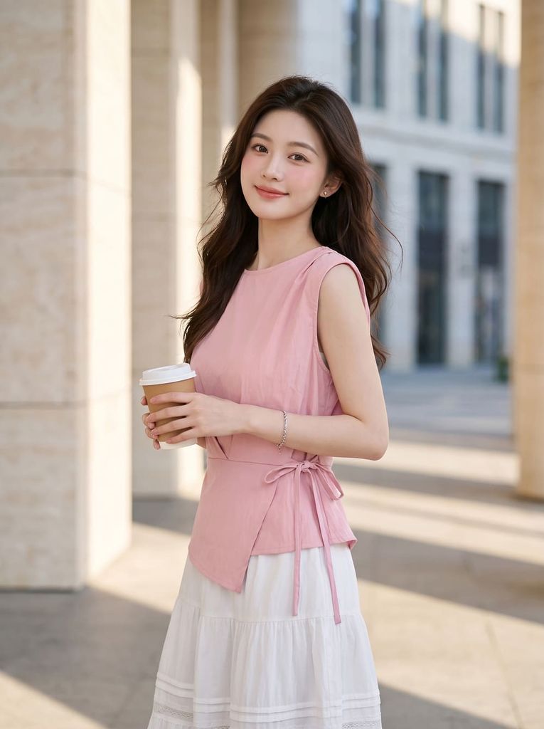  Áo thô gió sát nách cổ tròn dáng peplum thắt eo 