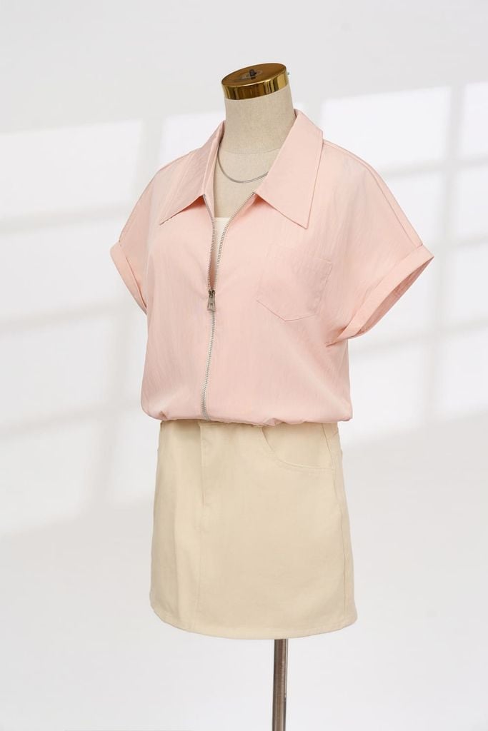  Áo thô gió tay cộc Fresh khóa kéo kim loại gấu rút dây 