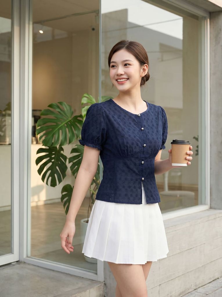  Áo thô kiểu cổ tròn tay nhún bèo 