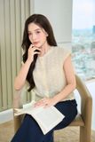  Áo thô thêu tay cộc kiểu cổ tròn phối nhún sườn 