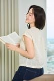  Áo thô thêu tay cộc kiểu cổ tròn phối nhún sườn 