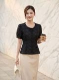  Áo thô thêu tay cộc dáng peplum cổ vuông 