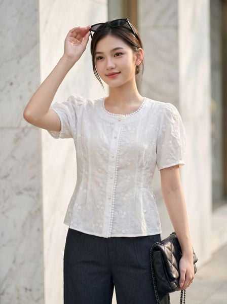  Áo thô thêu tay cộc dáng peplum cổ vuông 