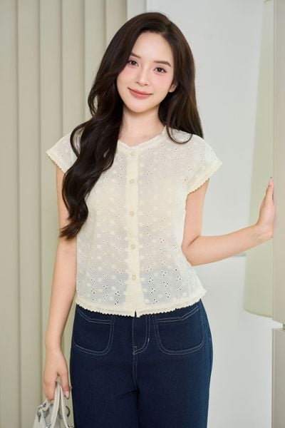  Áo thô thêu tay cộc kiểu cổ tròn phối nhún sườn 