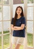  Áo thun cotton cổ tròn phối viền tay cộc túi ngực 
