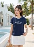  Áo thun cổ tròn tay cộc thêu chữ phối 