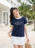  Áo thun cổ tròn tay cộc thêu chữ phối 