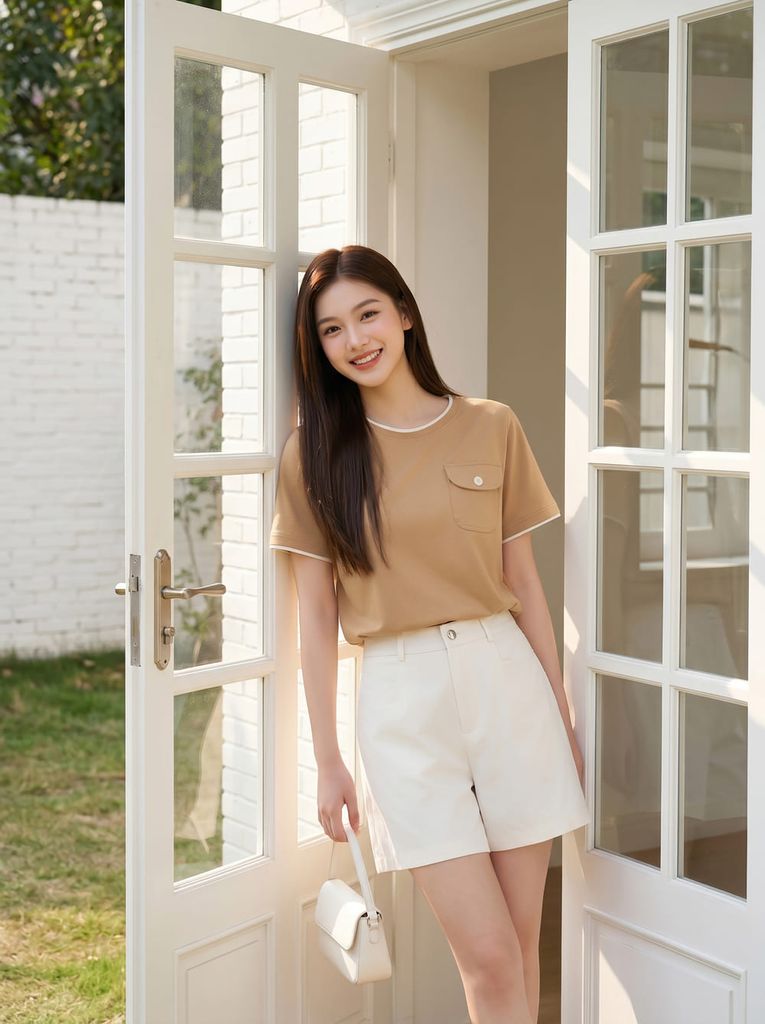  Áo thun cotton cổ tròn phối viền tay cộc túi ngực 