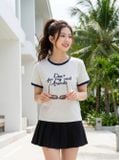 Áo thun cổ tròn tay cộc thêu chữ phối 