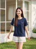  Áo thun cotton cổ tròn phối viền tay cộc túi ngực 
