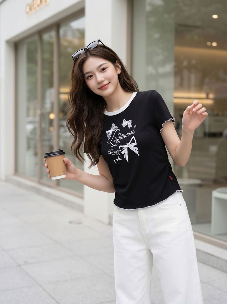  Áo thun tay cộc phối viền cổ tròn 