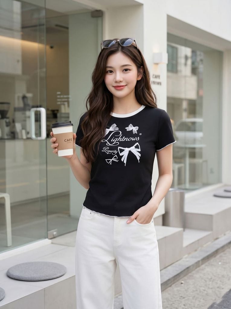  Áo thun tay cộc phối viền cổ tròn 