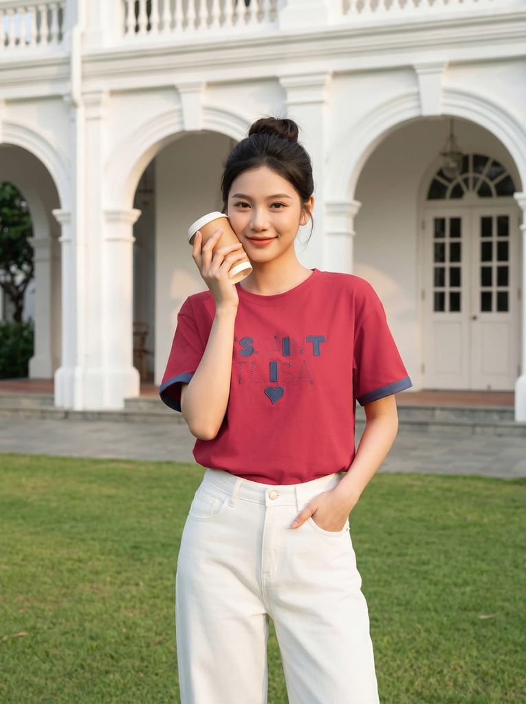  Áo thun cotton cổ tròn tay cộc phối 