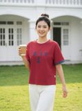  Áo thun cotton cổ tròn tay cộc phối 