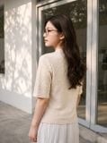  Áo thun dệt họa tiết cổ tròn chìm trang trí cúc cổ 