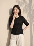  Áo thun dệt họa tiết cổ tròn chìm trang trí cúc cổ 