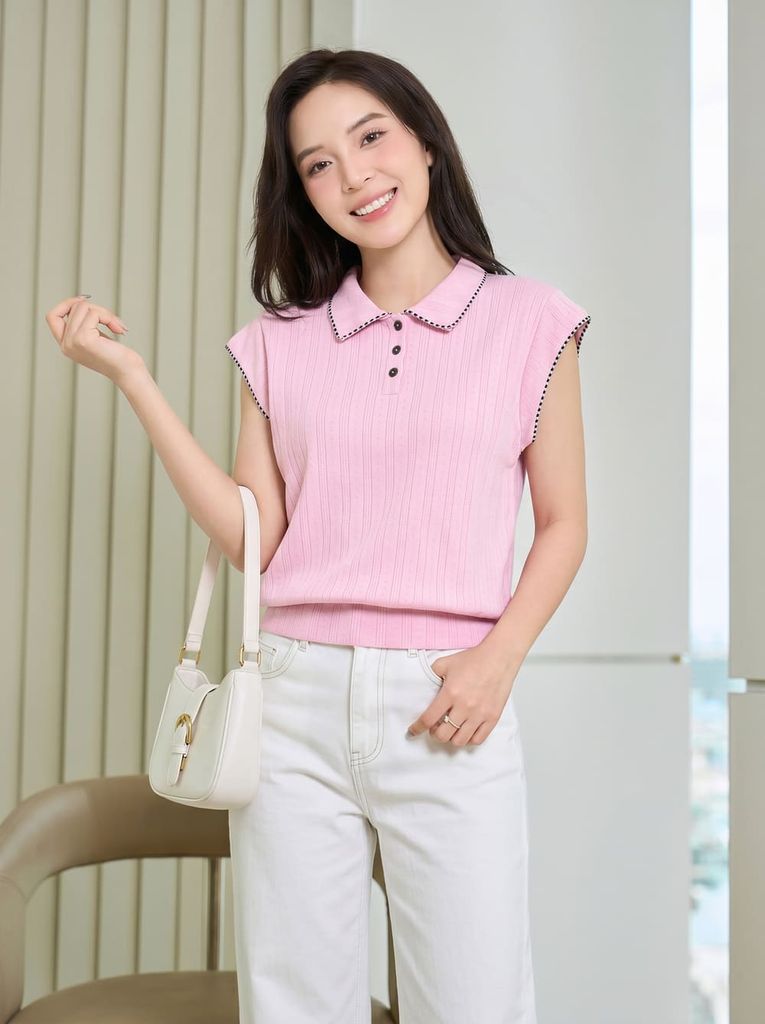 Áo thun thông hơi polo tay chờm phối viền bo gấu 
