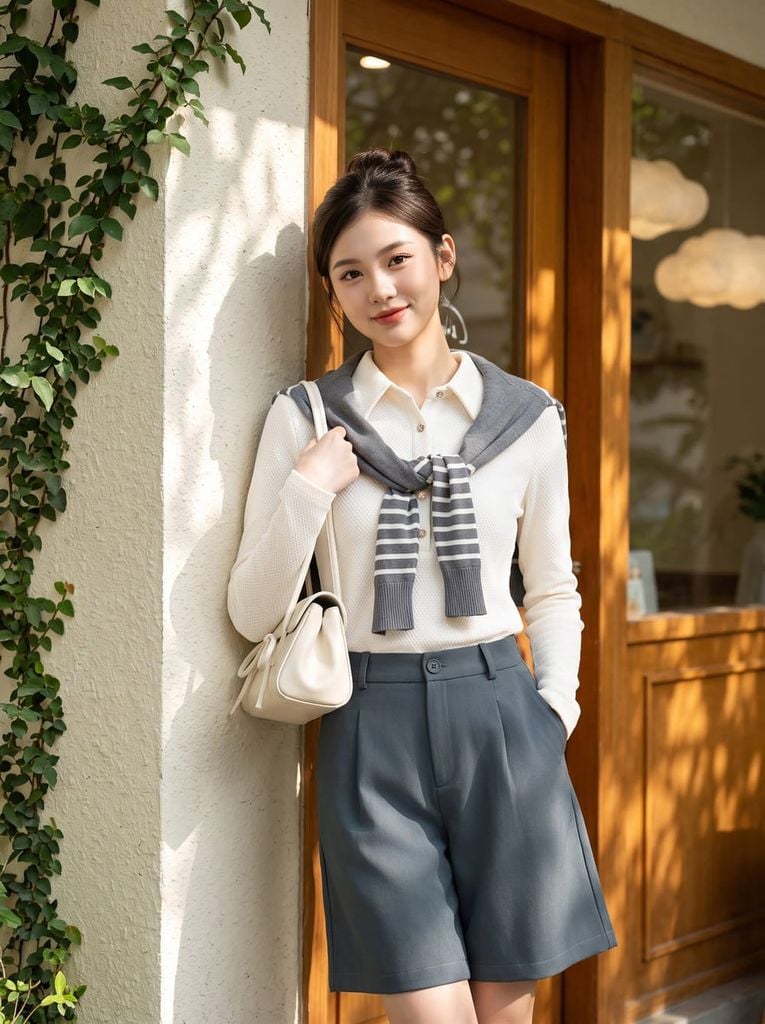  Áo kiểu cổ đức dáng ôm khuy cài nửa 