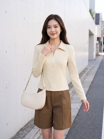 Áo kiểu cổ bẻ cách điệu mở khóa kéo