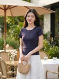  Áo thun nữ Cotton Zip tay cộc cổ tròn phối cúc trước 