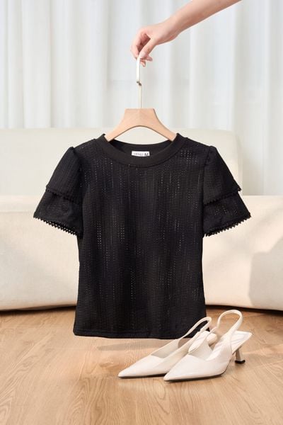  Áo thun tay cộc nữ 2 tầng cổ tròn chất ren mềm mại 