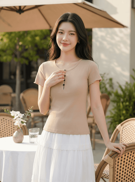  Áo thun nữ Cotton Zip tay cộc cổ tròn phối cúc trước 