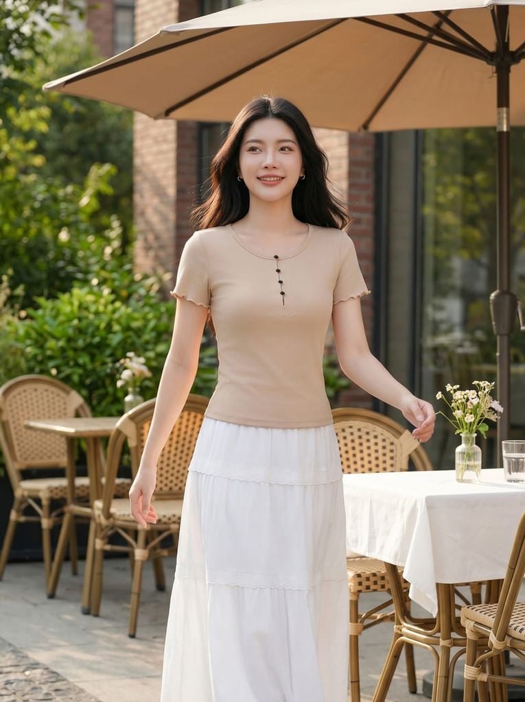  Áo thun nữ Cotton Zip tay cộc cổ tròn phối cúc trước 