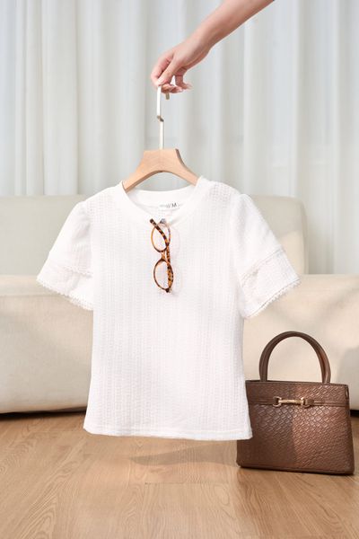  Áo thun tay cộc nữ 2 tầng cổ tròn chất ren mềm mại 