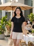  Áo thun nữ Cotton Zip tay cộc cổ tròn phối cúc trước 