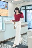  Áo thun cotton nữ dài tay cổ thuyền cách điệu vai xếp 