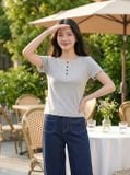  Áo thun nữ Cotton Zip tay cộc cổ tròn phối cúc trước 