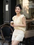  Áo tơ tay cộc cổ V ly vai 