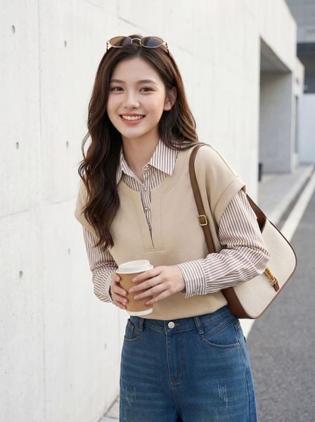  Áo umi hai lớp sơ mi kết hợp gile 