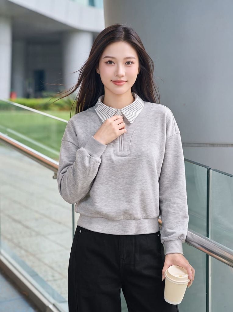  Áo kiểu tay dài phối cổ sơ mi 