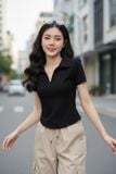  Áo cotton zip tay cộc cổ đức khóa lệ trước 