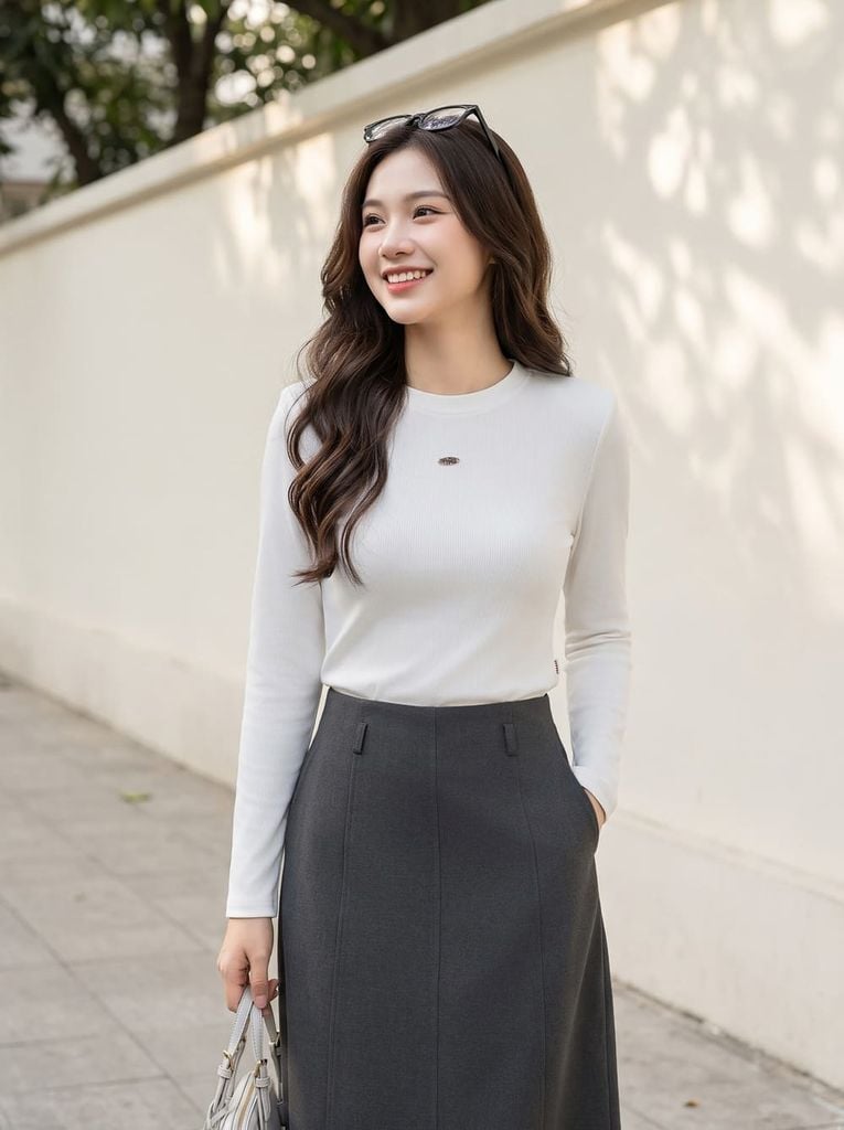  Áo thun tăm dài tay cổ tròn đính tag ngực 