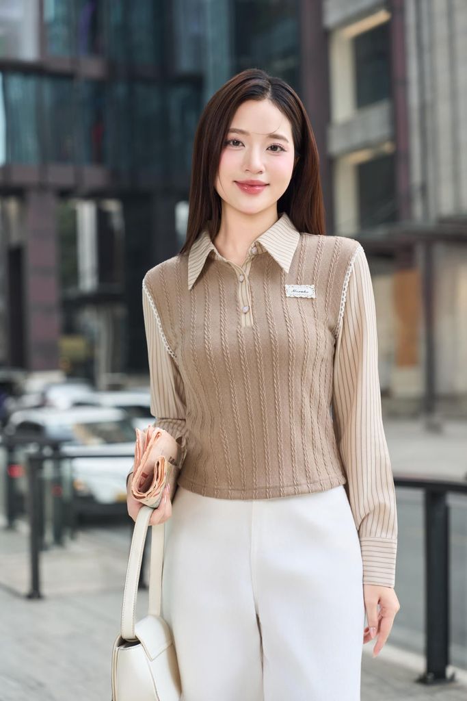  Áo len nữ dệt vặn thừng dáng cổ đức giả phối gile 