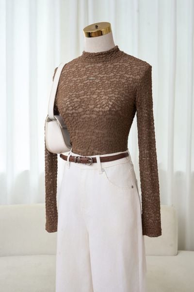  Áo giữ nhiệt nữ Younger vải ren hoa nổi 3D dáng dài tay cổ cao 